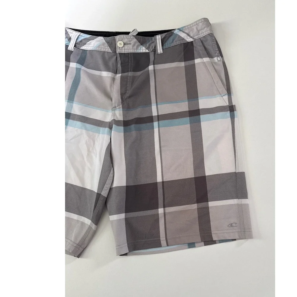 ONeill Hybrid Board Shorts Mens Grey Blue Plaid Swim Trunks 12106508P